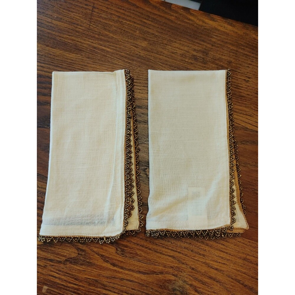 Pier 1 Imports 2pc (1 PAIR) Beaded Trim Napkins Tan Brown Edge LN